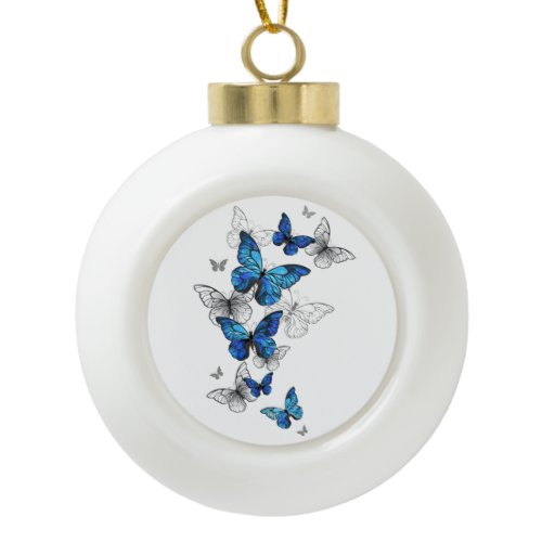 Blue Flying Butterflies Morpho Ceramic Ball Christmas Ornament