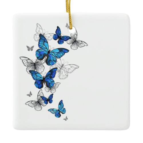 Blue Flying Butterflies Morpho Ceramic Ornament