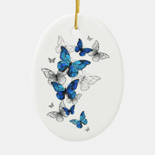 Blue Flying Butterflies Morpho Ceramic Ornament