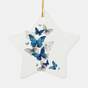 Blue Flying Butterflies Morpho Ceramic Ornament