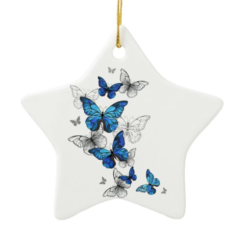 Blue Flying Butterflies Morpho Ceramic Ornament
