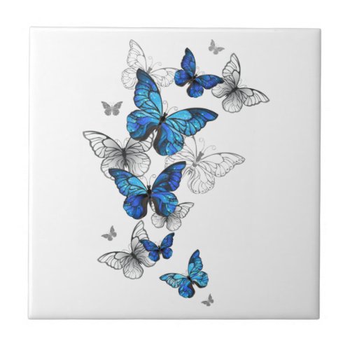 Blue Flying Butterflies Morpho Ceramic Tile