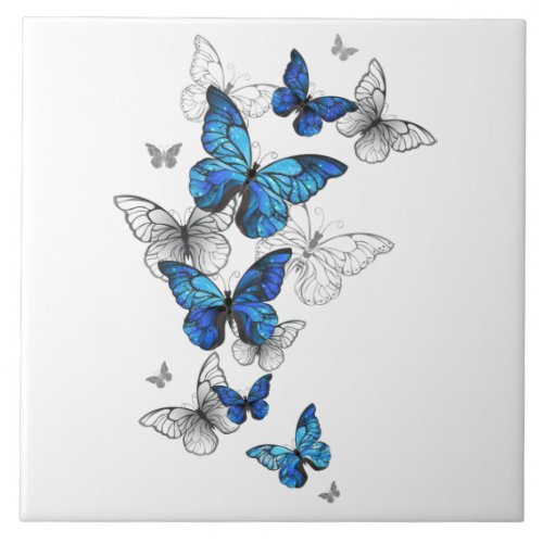 Blue Flying Butterflies Morpho Ceramic Tile
