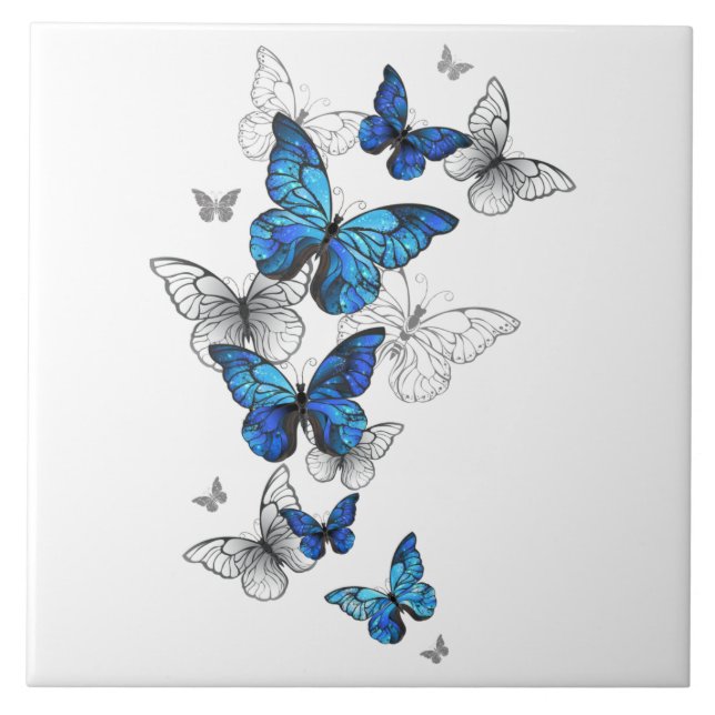Blue Flying Butterflies Morpho Ceramic Tile (Front)