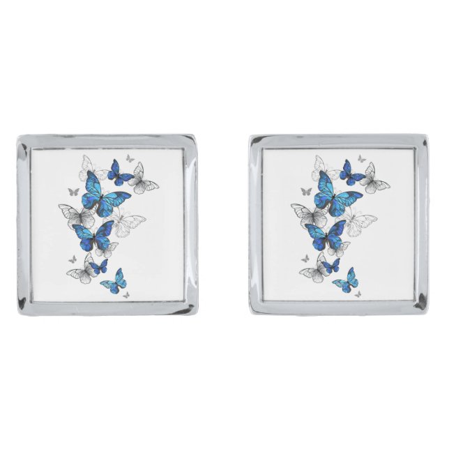 Blue Flying Butterflies Morpho Cufflinks (Front)