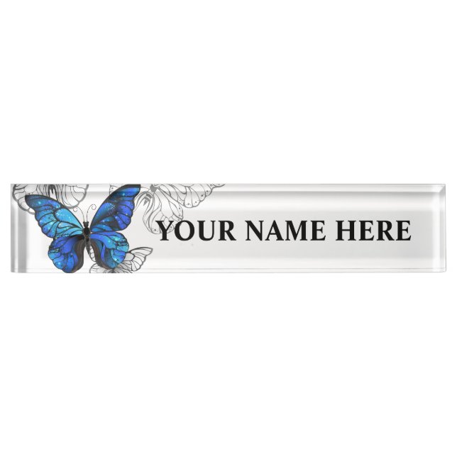 Blue Flying Butterflies Morpho Desk Name Plate (Front)