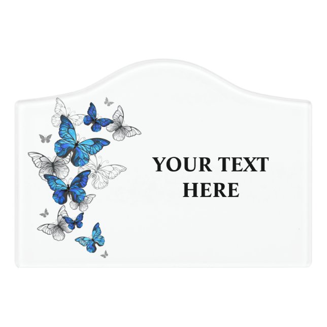 Blue Flying Butterflies Morpho Door Sign (Small Crest Front)