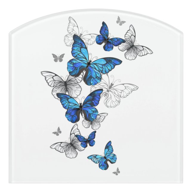 Blue Flying Butterflies Morpho Door Sign (Contour Front)