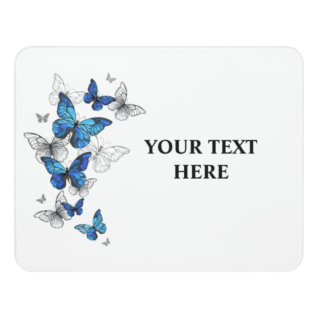Blue Flying Butterflies Morpho Door Sign (Contemporary Front)