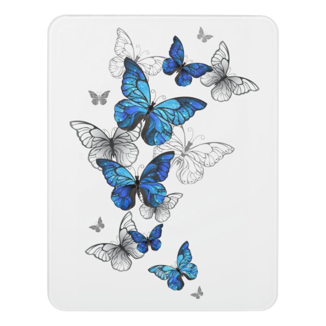 Blue Flying Butterflies Morpho Door Sign (Contemporary Vert)
