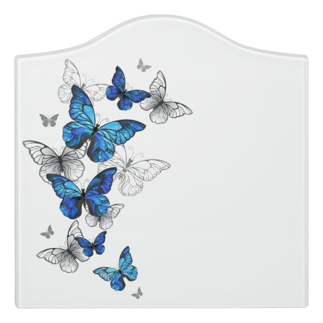 Blue Flying Butterflies Morpho Door Sign (Large Crest Front)