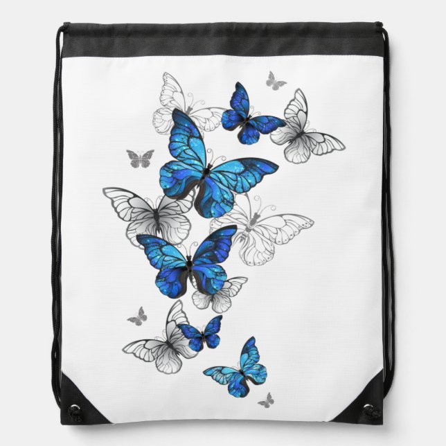 Blue Flying Butterflies Morpho Drawstring Bag (Front)