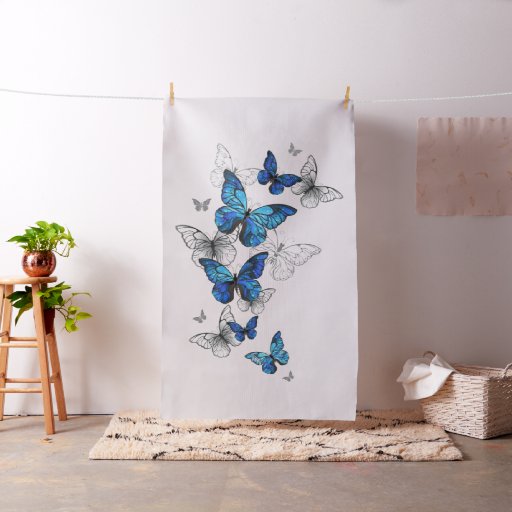Blue Flying Butterflies Morpho Fabric