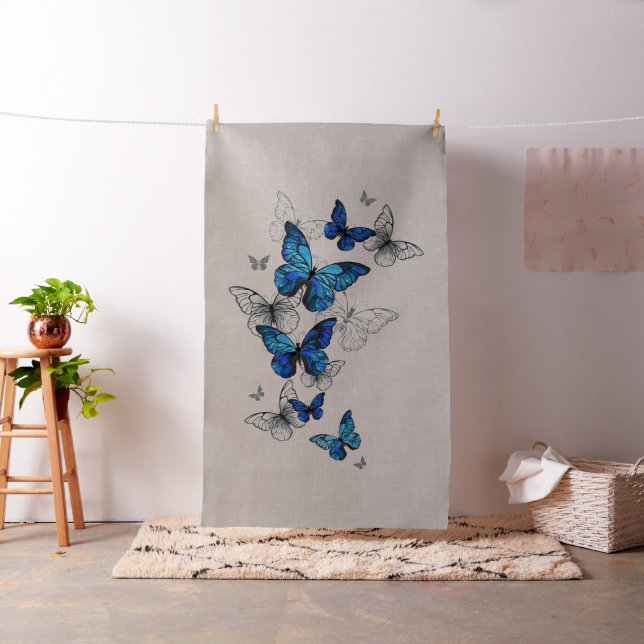 Blue Flying Butterflies Morpho Fabric (In Situ)