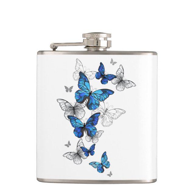 Blue Flying Butterflies Morpho Flask (Front)