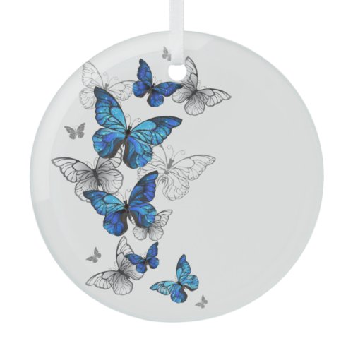 Blue Flying Butterflies Morpho Glass Ornament