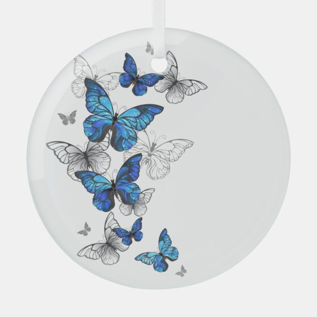 Blue Flying Butterflies Morpho Glass Ornament (Front)