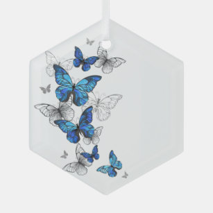 Blue Flying Butterflies Morpho Glass Ornament