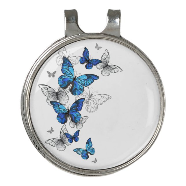 Blue Flying Butterflies Morpho Golf Hat Clip (Front)