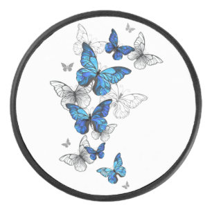 Blue Flying Butterflies Morpho Hockey Puck
