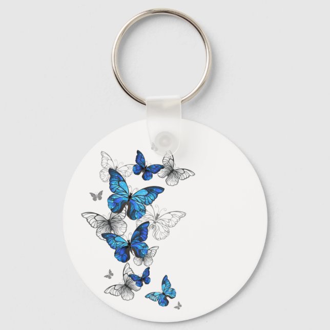 Blue Flying Butterflies Morpho Keychain (Front)