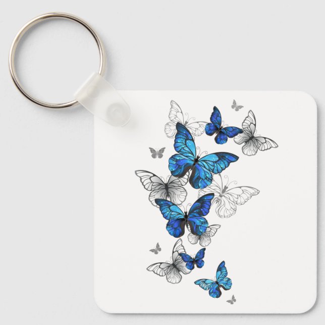Blue Flying Butterflies Morpho Keychain (Front)