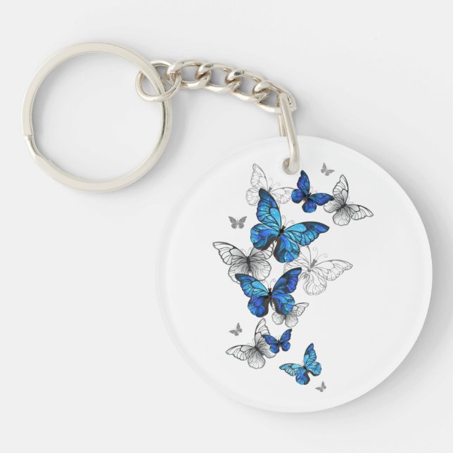 Blue Flying Butterflies Morpho Keychain (Front)