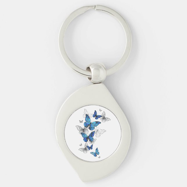 Blue Flying Butterflies Morpho Keychain (Front)