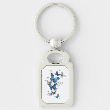 Blue Flying Butterflies Morpho Keychain by Blackmoon9 at Zazzle