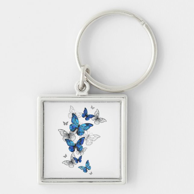 Blue Flying Butterflies Morpho Keychain (Front)