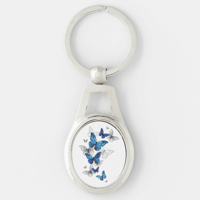 Blue Flying Butterflies Morpho Keychain (Front)