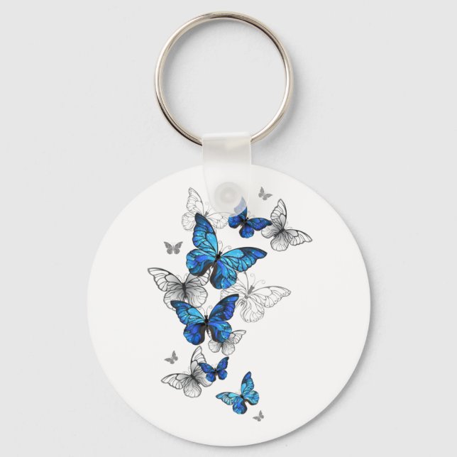Blue Flying Butterflies Morpho Keychain (Front)