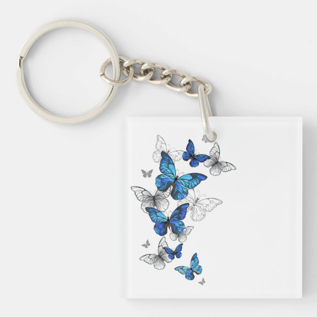 Blue Flying Butterflies Morpho Keychain (Front)