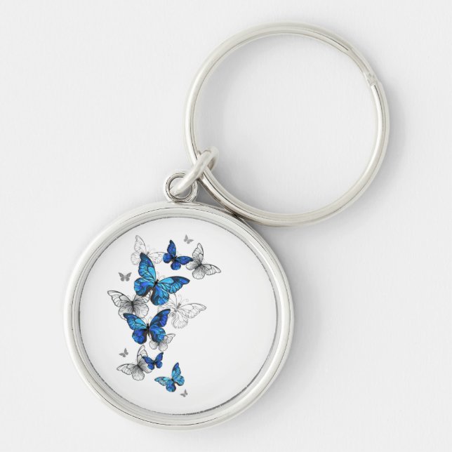 Blue Flying Butterflies Morpho Keychain (Front)