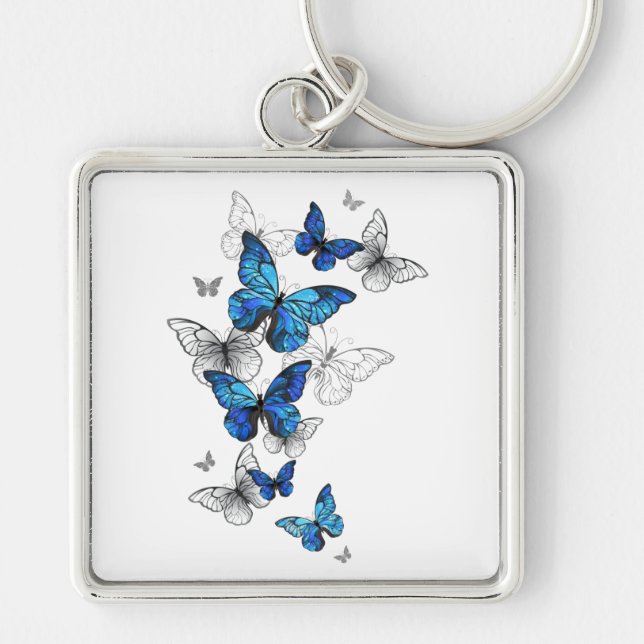 Blue Flying Butterflies Morpho Keychain (Front)