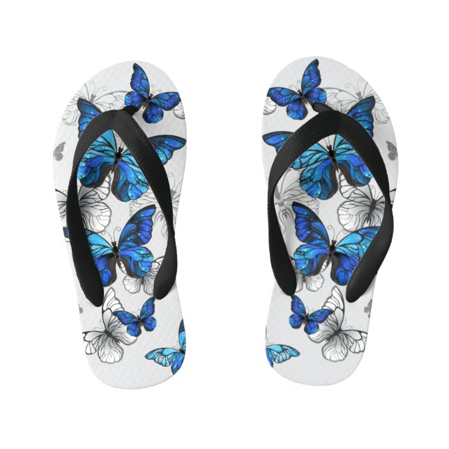 Blue Flying Butterflies Morpho Kid's Flip Flops (Footbed)
