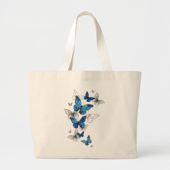 Blue Flying Butterflies Morpho Large Tote Bag (Front)