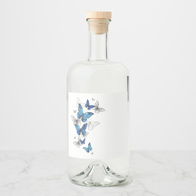 Blue Flying Butterflies Morpho Liquor Bottle Label (Front)