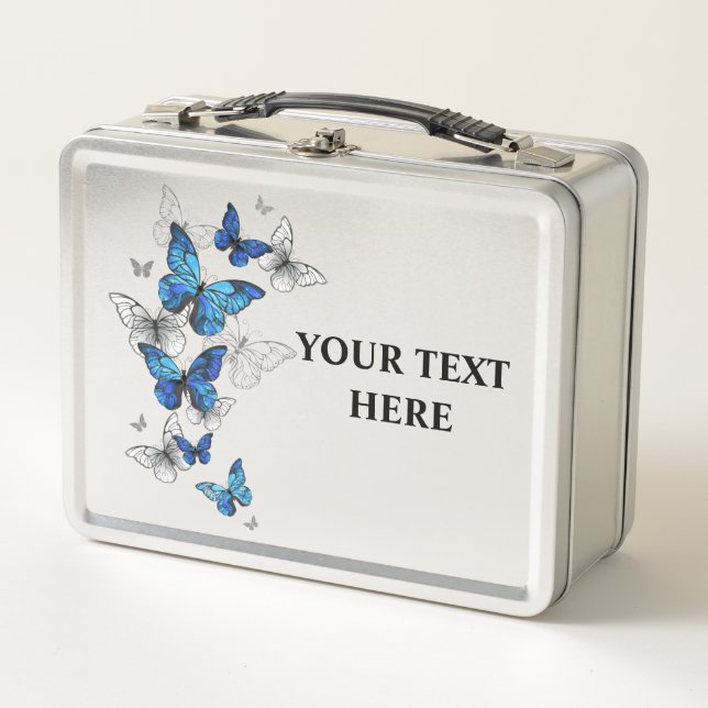 Blue Flying Butterflies Morpho Metal Lunch Box (Front)