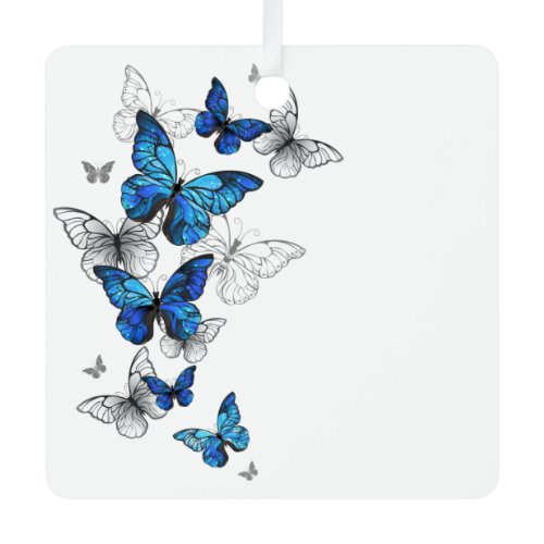 Blue Flying Butterflies Morpho Metal Ornament