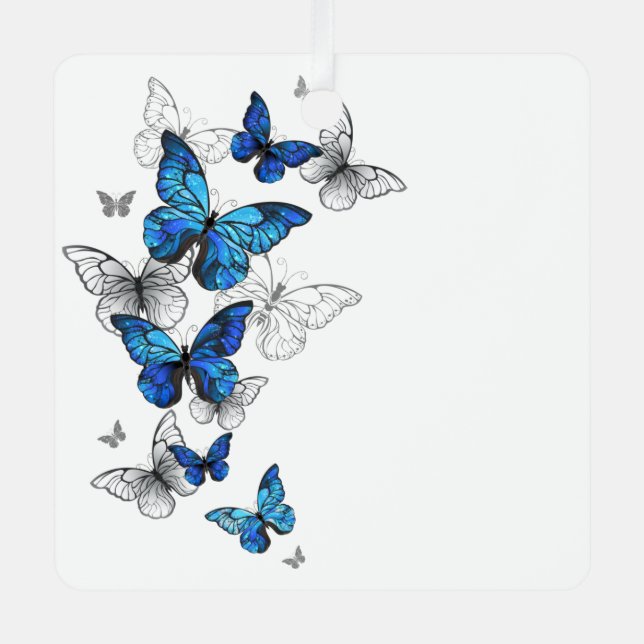 Blue Flying Butterflies Morpho Metal Ornament (Front)