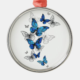 Blue Flying Butterflies Morpho Metal Ornament