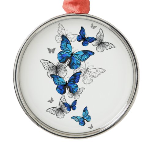 Blue Flying Butterflies Morpho Metal Ornament