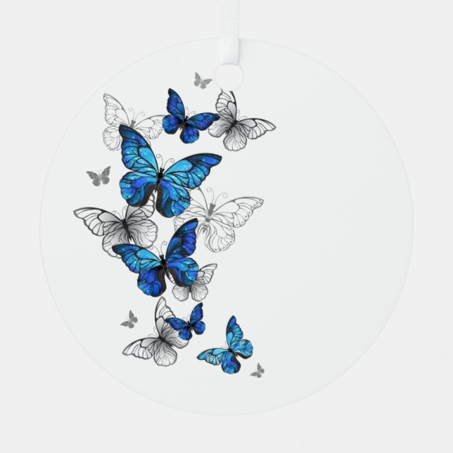 Blue Flying Butterflies Morpho Metal Ornament (Front)