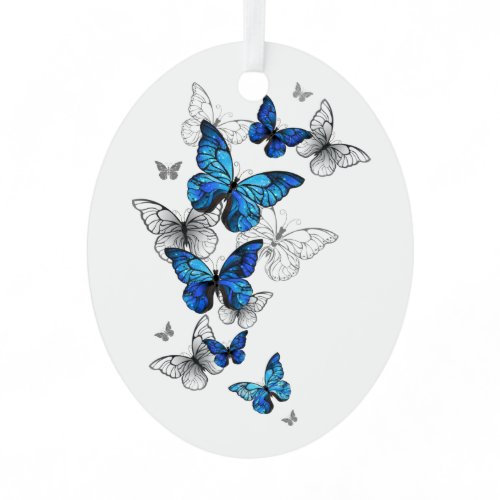 Blue Flying Butterflies Morpho Metal Ornament