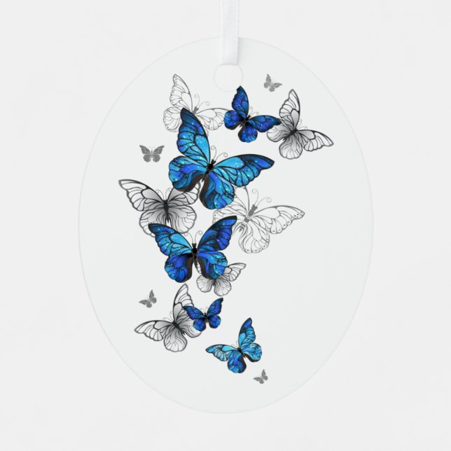 Blue Flying Butterflies Morpho Metal Ornament (Front)