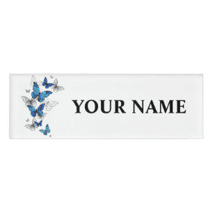 Blue Flying Butterflies Morpho Name Tag