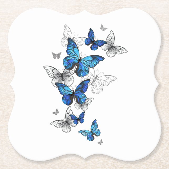 Blue Flying Butterflies Morpho Paper Coaster (Front)