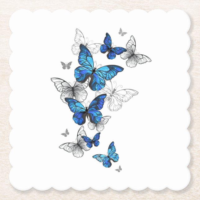 Blue Flying Butterflies Morpho Paper Coaster (Front)