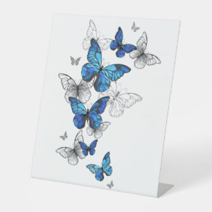 Blue Flying Butterflies Morpho Pedestal Sign